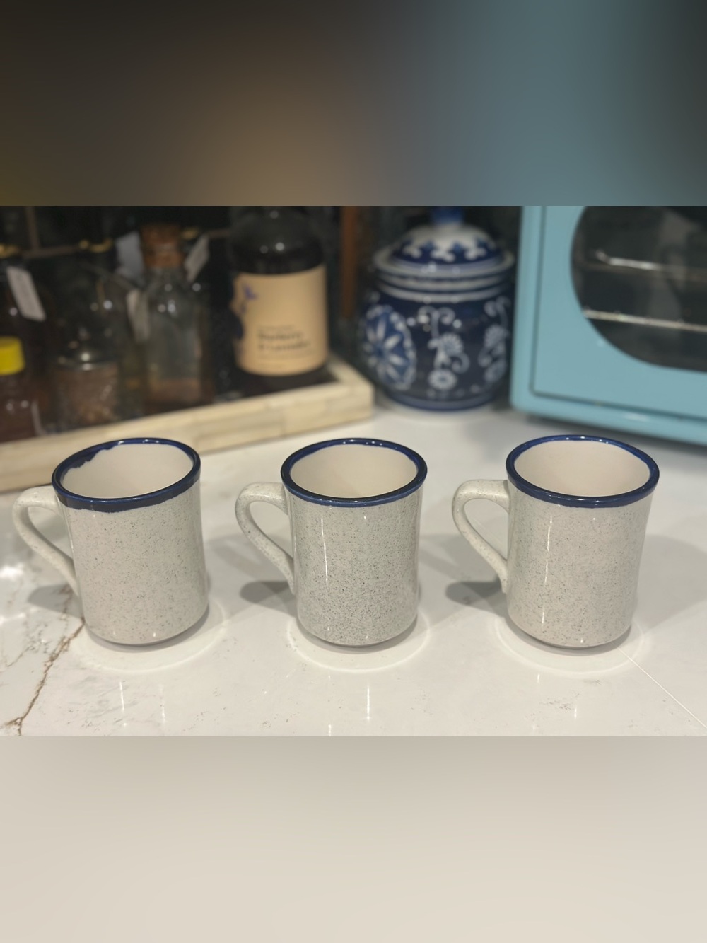 Vintage Syracuse China Speckled White Ceramic Mug with Blue Rim 3 - Home Dining